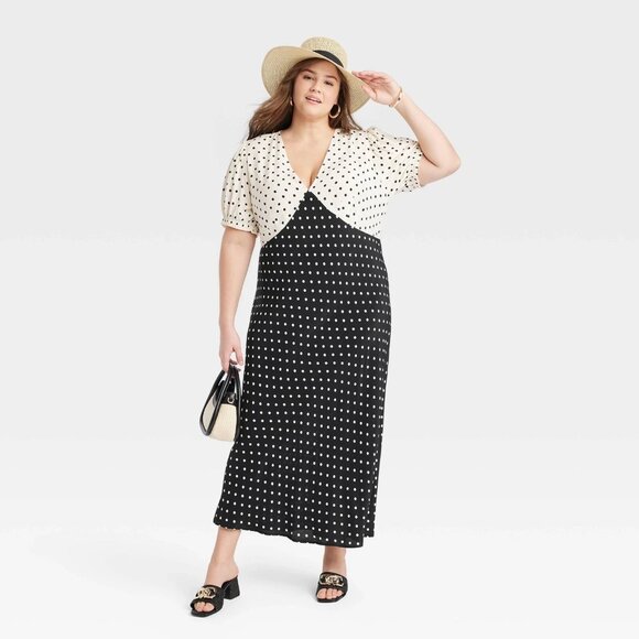 Small - Womens Crepe Puff Short Sleeve Midi Dress - A New Day - Polka Dots - Picture 7 of 9